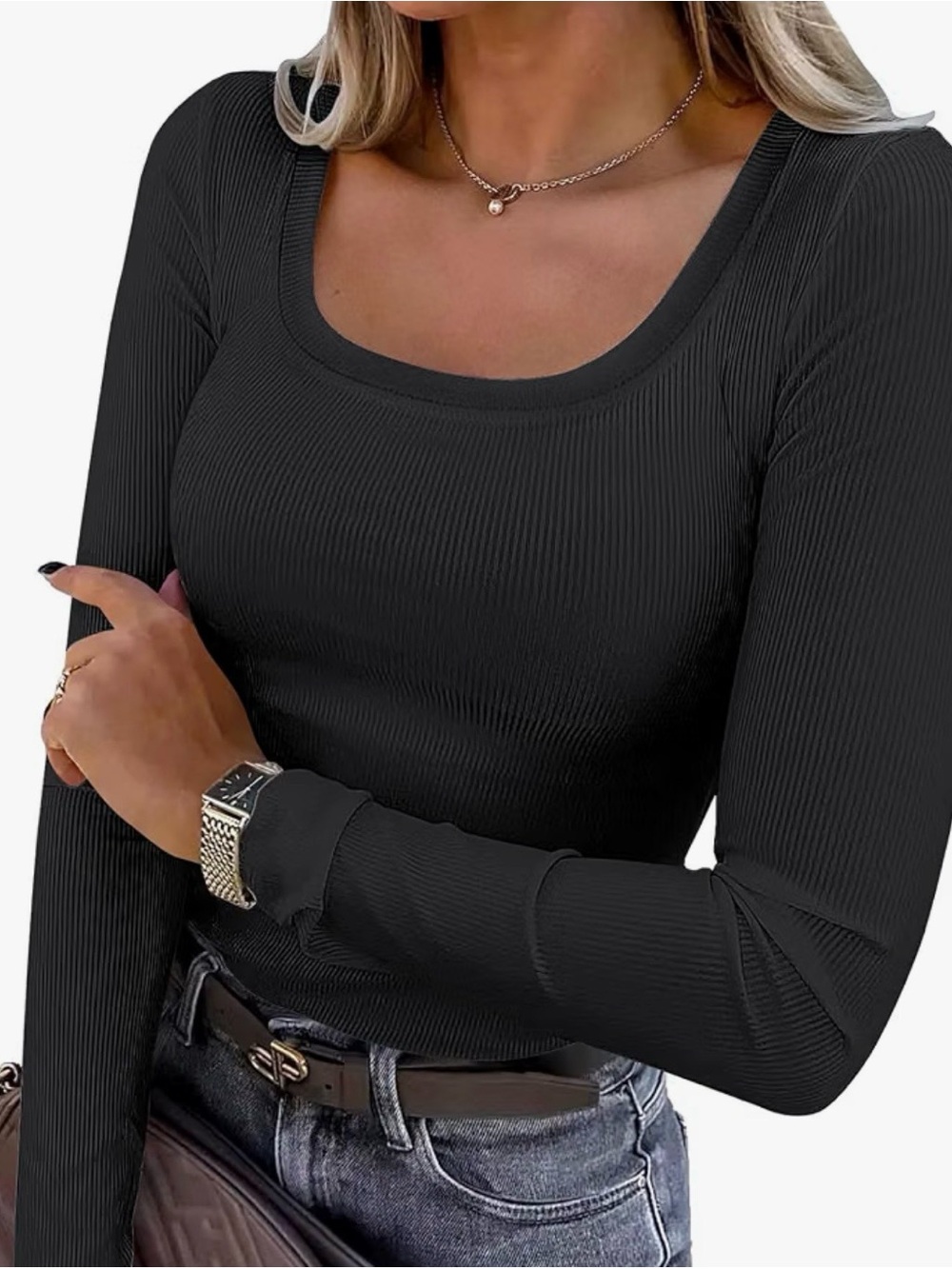 Black Long Sleeve Ribbed Stretch Tee L